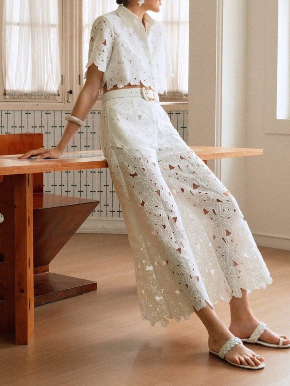 White Floral Lace Cropped Shirt & Wide Leg Pants Set